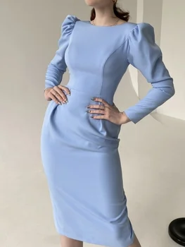 Churses Vintage Backless Bölünmüş Elbise Kadın Kılıf İnce Uzun Kollu O Boyun Puf Kollu Zarif Düz Renk Yaz 2022 Vestidos