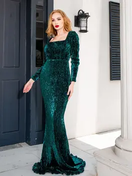 Uzun Akşam Mermaid Elbise Tam Kollu Kare Boyun Yeşil Payetli Kat Uzunluk Sıkı Bodycon Maxi Elbise