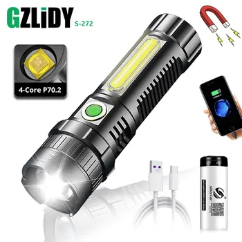 Güçlü LED XHP70. 2 el feneri USB şarj edilebilir COB Torch su geçirmez Zoom fener güç göstergesi ile süper parlak 26650 ışık
