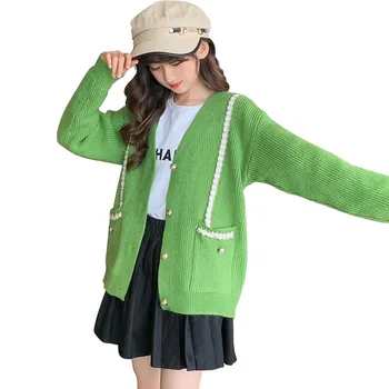 Toddler Kız Örme Hırka Ceket Sonbahar Çocuk V Yaka Örgü Kazak Moda Genç Yeşil Triko Giyim 4 8 12 Yıl