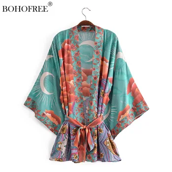 Boho Elbiseler Ay Baskı Kısa Açık Dikiş Kapak Ups Rayon Pamuk Kimono Blusas Bohemian Giyim Kadın