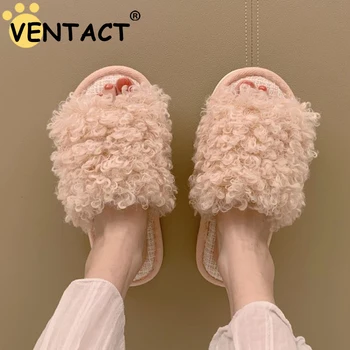 VENTACT Ins Moda Kadın Terlik Sıcak Flats Kürk ayakkabı Kadın Rahat Günlük Ev Tekstili Bayan Açık Ev kışlık terlik