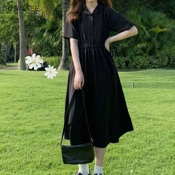 Elbise Kadın Yaz Minimalist Siyah Midi Maxi Mizaç Ulzzang Moda Şık A-line Parti Romantizm Gevşek Tunik Yeni Eğlence