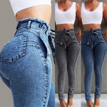 Kadınlar ıçin yüksek Bel Kot Ince Streç Denim Jean Bodycon Püskül Kemer Bandaj Skinny Jeans Push Up Kadın Giydirin 4XL 5XL