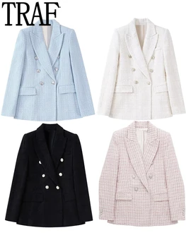TRAF Mavi Tüvit Blazer Kadınlar Altın Düğme Ceketler Kadınlar için 2022 Uzun Kollu Ofis Blazer Kadın Sonbahar Kış Streetwear Coats