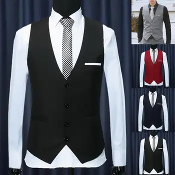 erkekler resmi yelekler elbise takım elbise yelek s-lim Üç düğme Polyester + Spandex yelek erkekler rahat kolsuz İngiliz sonbahar takım elbise yelek