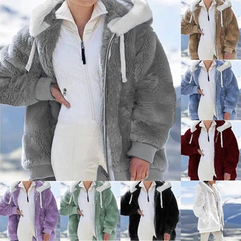 Kadın Sonbahar Gevşek Peluş Fermuar Kapşonlu Sıcak Gevşek Ceket kadın Hoodies Coats Ceketler kadın Pembe Ceket kışlık ceketler Mont