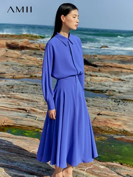 Amii Kadın Takım Elbise 2023 Bahar Yeni Moda Gömlek Ofis Bayan Uzun Kollu Polo Yaka Bluzlar Bir Çizgi Midi Etek Ayrı Ayrı 12240487