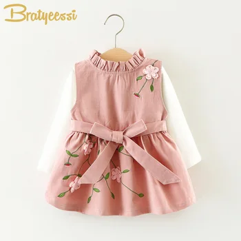 2 ADET Bebek Elbise Gömlek Seti Nakış Çiçekler Sonbahar Bebek Kız Giysileri Pamuk Yay Tatlı Çocuklar Prenses Elbise Çocuk Kıyafet Seti