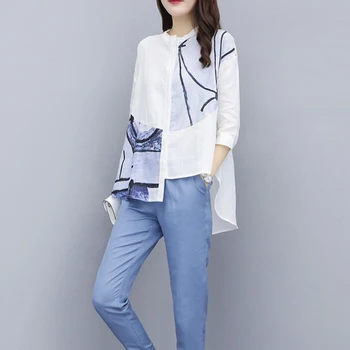 Kadın Zarif Vintage Baskı Gevşek Asimetrik Gömlek Moda Ofis Bayan Bluz kalem pantolon 2 Parça Setleri Kadın Giysileri Kıyafetler