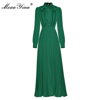 MoaaYina Moda Pist drsss Sonbahar Kış Elbise Kadınlar Uzun kollu Yüksek bel Rahat Yeşil Pilili Elbiseler