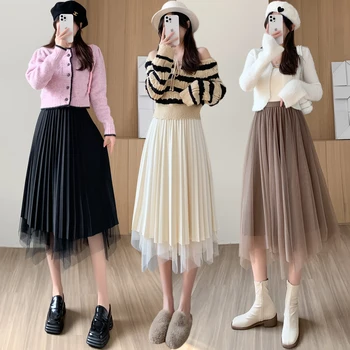 Uzun Tül Midi Kadın 2022 Sonbahar Elastik Yüksek Tutu Pileli Örgü Etek Kadın Siyah Beyaz Kahve Etek Streetwear Bel Etek 