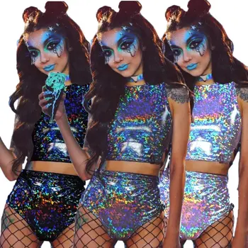 Holografik Yansıtıcı Festivali Rave Kıyafetler Kolsuz Tankı Üstleri Süper Şort Pantolon Gece Kulübü Karnaval Parti Kadın 2 Parça Setleri