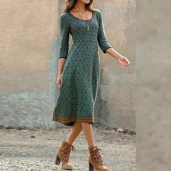Vintage Baskılı O-Boyun Kadın Parti Elbise Rahat Üç Çeyrek Kollu Kazak Elbise Sonbahar Moda Bayan A-line Streetwear Vestido