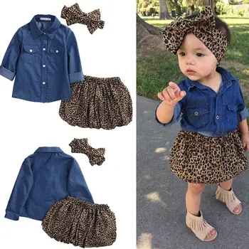 3 ADET Set Sevimli Bebek Kız Giysileri Yaz Yürüyor Çocuk Denim Üstleri + Leopar Etek Kıyafetler Çocuk Kız Giyim Seti