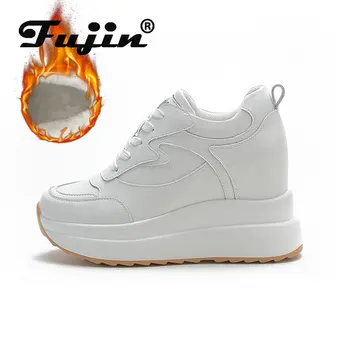 Fujin 2022 10CM Hakiki deri sneakers platform ayakkabılar Kama Gizli Topuk Pompaları Sıcak Kürk Moda Ayakkabı Kadın Kış ayakkabı