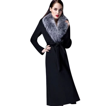 Marka Yün Ceket Kadın Sonbahar Kış Overknee Kalın Sıcak Yün Ceket Gerçek Tilki Kürk Yaka Büyük Boy Kalınlaşmış Yün Siper