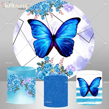Mavi Kelebek Doğum Günü Yuvarlak Daire Zemin Çiçek Kız Peri Prenses Fotoğraf Arka Plan Kek Masa Afiş Dekor Kaide kapağı