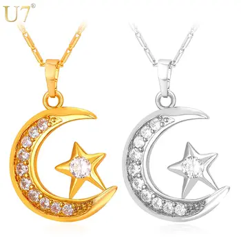 U7 Marka Müslüman Hilal Kolye Kolye Gümüş / Altın Renk Kübik Zirkonya CZ İslam Ay Yıldız Takı Kadın Hediye P923