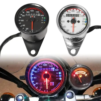 Evrensel Krom / Siyah motosiklet kilometre saati Kilometre Sayacı Ölçer 0-160 km/saat Enstrüman İçin LED Göstergesi ile Harley Cafe Racer