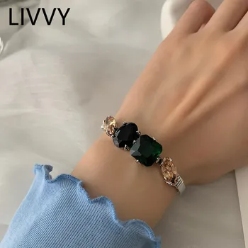 LIVVY geometrik yeşil kristal bilezik kadın benzersiz tasarım Retro ışık lüks moda popüler takı muhteşem hediye