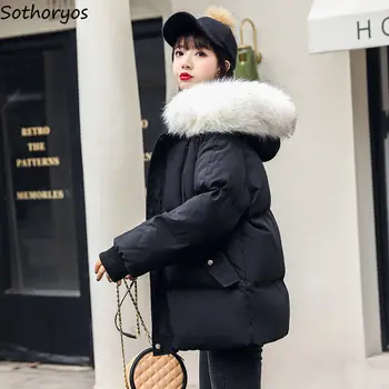 Kısa Parkas Kadınlar Kış Kapşonlu Kürk yaka Kirpi Kalınlaşmak Kore Tarzı Katı Fermuar Öğrenciler Sıcak Dış Giyim Moda Bayanlar Şık