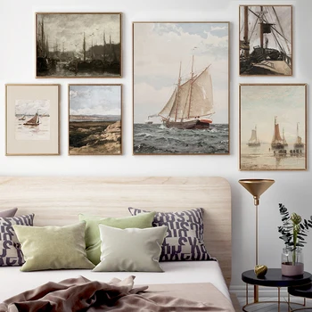 Vintage Nötr Yelkenli Suluboya Baskı Göl Evi Dekor Kıyı Çiftlik Evi Dekor Nötr Baskı Deniz Manzarası Deniz ve Tekne Duvar Sanatı