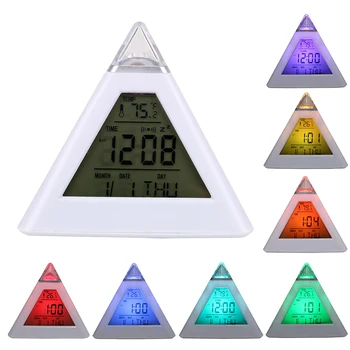 Perpetual Takvim Termometre renkli arka ışık Değişimi Saat Üçgen Piramit Ev dekorasyon dijital alarmlı saat Saat