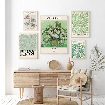 Yeşil Sergi Posteri Çiçek Pazarı Baskı William Morris Yayoi Kusama Tuval Boyama İskandinav Soyut Duvar Sanatı Resimleri Dekor