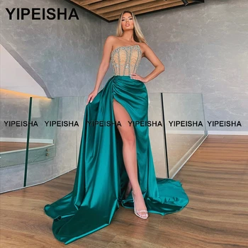 Yipeisha Lüks Kristaller Mermaid Akşam Elbise Straplez Yüksek Yarık Balo elbisesi Kat Uzunluk Saten Parti Elbise Resmi Robe de Bal