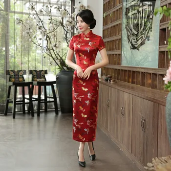 Yeni Kırmızı Rayon Cheongsam Çince Geleneksel Elbise Klasik Kadın Qipao Zarif Kısa Kollu Yenilik uzun elbise S-3XL