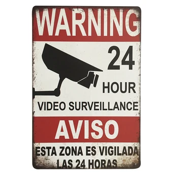 Uyarı Kamera Gözetim RetroTin İşareti 24 saat Video 200x300mm Güvenlik Metal Plak Vintage Duvar Dekor Posteri