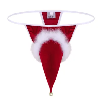 Erkek Erotik Iç Çamaşırı Iç Çamaşırı Noel Tatili Parti Kostüm Santa Şapka Bak Kadife Külot Low Rise Yüksek Kesim T-geri G-string