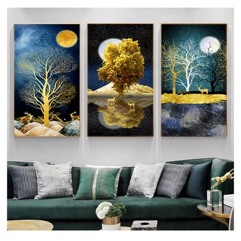 Tuval Duvar dekoratif tablolar Oturma Odası Yatak Odası için Posterler ve Baskılar Ev Dekorasyon Resim 6-5 Modern Altın Ay Ağacı ve Geyik