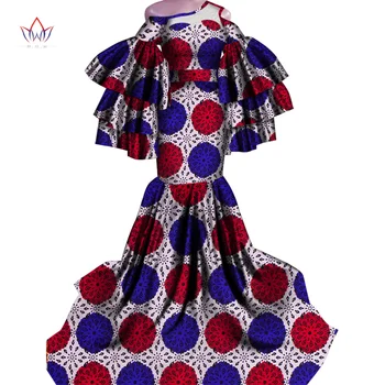 Bintarealwax Afrika Elbiseler Dashiki Gerçek Balmumu Baskı Geleneksel afrika kıyafeti Fishtail ve Zemin Giyim Kadın WY4336
