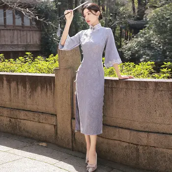 2022 Yeni Pembe Mavi Cheongsam İnce Dantel Kadın Elbise Vintage Uzun Kelebek Kollu Çin Geleneksel Qipao düğün elbisesi Elbise