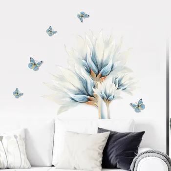 Suluboya Mavi Kelebek Beyaz Çiçek Desen Tasarım duvar çıkartmaları Oturma Odası Kanepe Arka Plan Yatak Odası Kendinden yapışkanlı Duvar Çıkartması