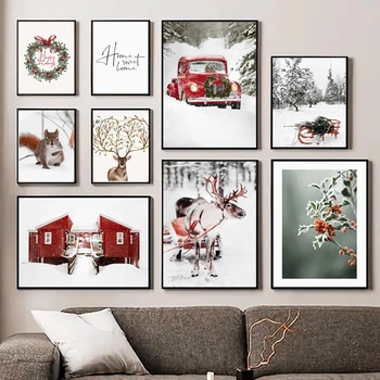 Kış Manzara resim tuvali Boyama Duvar Sanatı Modern Kar Elk Kırmızı Ev Posteri ve Baskı Noel Ev Oturma Odası Dekor
