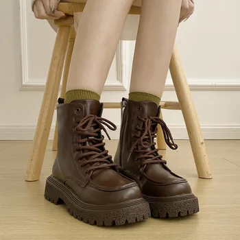 TOPHQWS Vintage İngiliz Tarzı yarım çizmeler Kadın Kış 2022 Tıknaz Topuk Ayakkabı Rahat Lace Up Kaliteli PU Deri Platform Çizmeler
