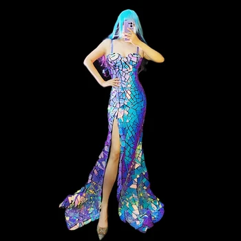 Sequins Lazer Ayna Yüksek Bölünmüş uzun elbise Kadın Sürükle Kraliçe Kostüm Şarkıcı Parti Kulübü Bar Sahne Giyim Modeli Firar Elbisesi Lüks