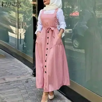 ZANZEA 2022 Zarif Düğme Sundress kadın Sonbahar Tulum Vestidos Casual Katı Tank Marocain Elbise Kadın islami elbise S-