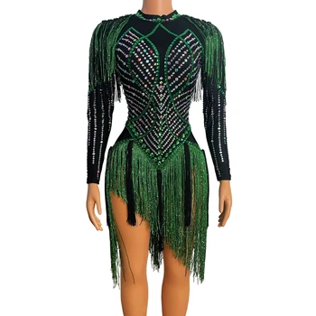 Sparkly Rhinestones Püskül Leotard Seksi dans kostümü Kristaller Siyah Yeşil Saçaklar Bodysuit Gece Kulübü Kıyafet Gösterisi Sahne Giyim