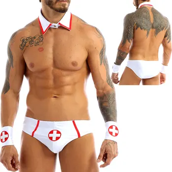Erkek Doktor Hemşire Cosplay Kostümleri Rol Oynamak Erotik Üniforma Kıyafet Seti Külot Yaka ve Kırmızı Çapraz Manşet Clubwear Kostümleri
