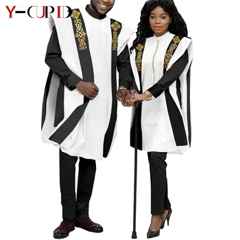 Afrika Giysi Çiftler için Kadın Üst Pantolon ve Bornoz Setleri Eşleşen Erkekler 3 Parça Setleri Bazin Riche Düğün Parti Giyim Y21C032