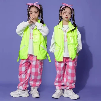 Floresan Yeşil Yelek Çocuklar Uzun Kollu Kazak Kızlar Hip Hop Performans Giyim Erkek Streetwear Sahne Kostüm Rave BL9643