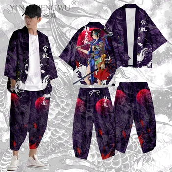 Çift Kimono Haori pantolon seti Vintage Japon Tarzı Erkekler Geleneksel Harajuku Streetwear Samurai Hırka Takım Elbise Kostüm Yukata