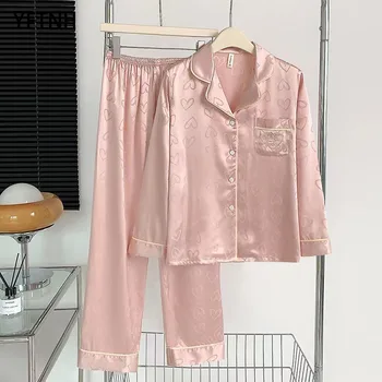 YFTNH Butik Uzun Kollu Pijama Seti Kadınlar için Pijama İpek Yumuşak Gecelik Cep ile Moda Katı Baskı Uyku Pantolon