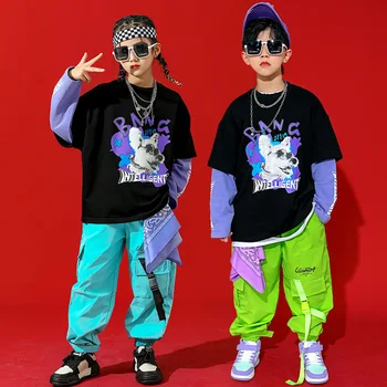 Çocuk Kpop Hip Hop Giyim Baskı Kazak Üst Streetwear Taktik Kargo koşucu pantolonu Kız Erkek Caz dans kostümü Elbise