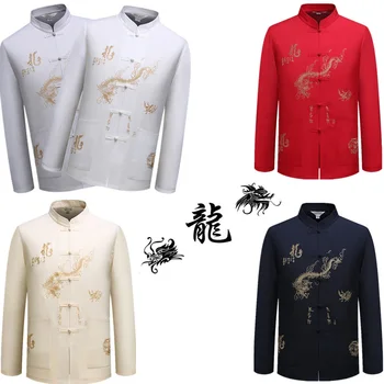 5Colors Dragon Erkek Elbise Çin Giyim Erkekler için Wushu Ayakta Yaka Gömlek Üst Hanfu Dropshopping Geleneksel Tangsuit 