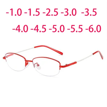 -1.0-1.5 -2.0 -2.5 To-6.0 Yarım Çerçeve Bellek Metal Kare Miyopi Gözlük Bayan Reçine Lens Shortsighted Reçete Gözlük